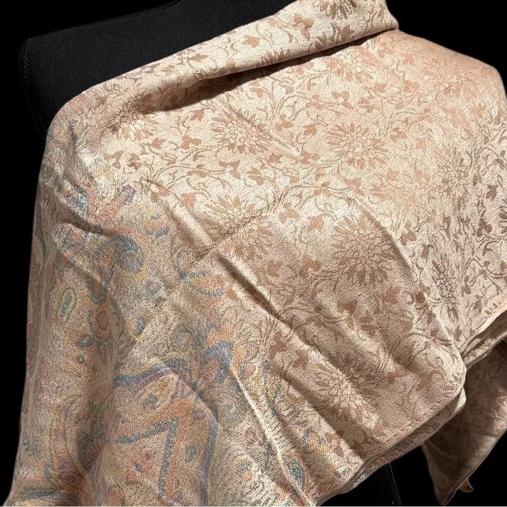Elegant Shawl in Floral Cream on Cream - Versatile Wrap, Scarf, Veil Soft Rayon